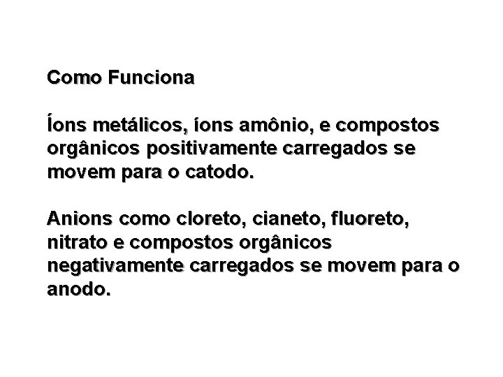 Como Funciona Íons metálicos, íons amônio, e compostos orgânicos positivamente carregados se movem para