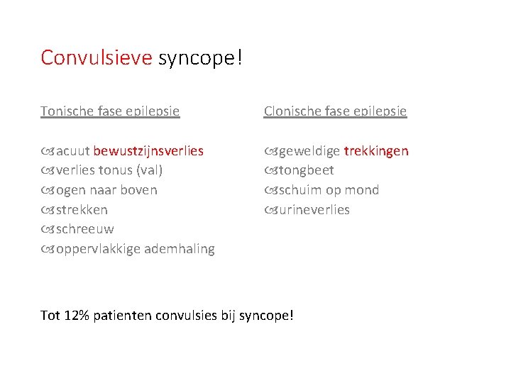 Convulsieve syncope! Tonische fase epilepsie Clonische fase epilepsie acuut bewustzijnsverlies tonus (val) ogen naar