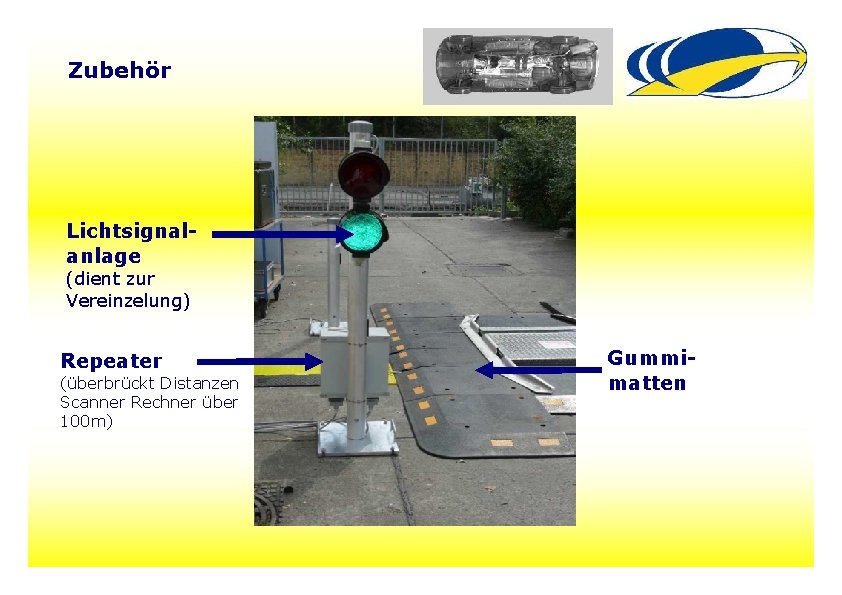 Zubehör Lichtsignalanlage (dient zur Vereinzelung) Repeater (überbrückt Distanzen Scanner Rechner über 100 m) Gummimatten Zubehör Lichtsignalanlage (dient zur Vereinzelung) Repeater (überbrückt Distanzen Scanner Rechner über 100 m) Gummimatten