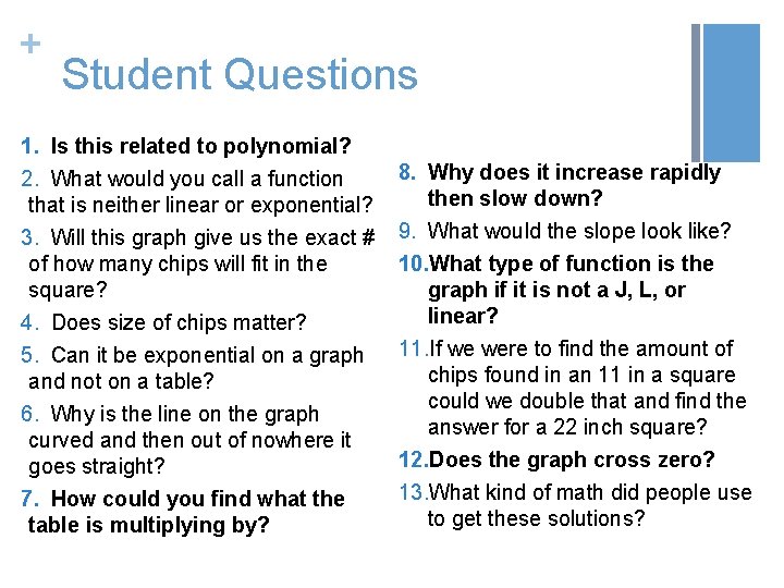 + Student Questions 1. Is this related to polynomial? 2. What would you call
