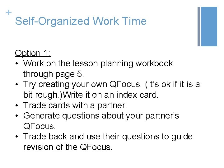 + Self-Organized Work Time Option 1: • Work on the lesson planning workbook through