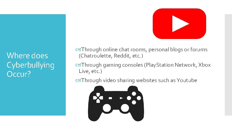 Where does Cyberbullying Occur? Through online chat rooms, personal blogs or forums (Chatroulette, Reddit,