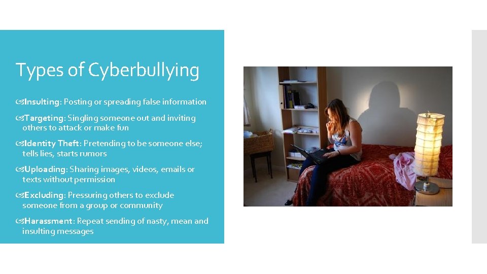 Types of Cyberbullying Insulting: Posting or spreading false information Targeting: Singling someone out and