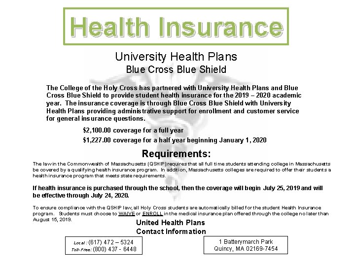 Health Insurance University Health Plans Blue Cross Blue Shield The College of the Holy