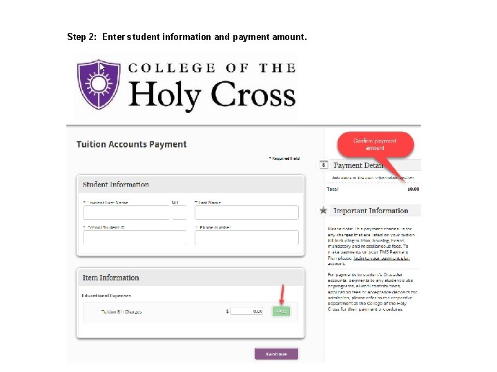 Step 2: Enter student information and payment amount. 