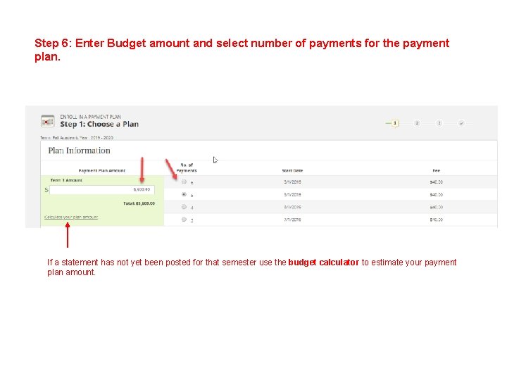 Step 6: Enter Budget amount and select number of payments for the payment plan.