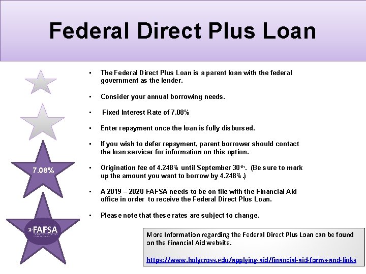 Federal Direct Plus Loan 7. 08% • The Federal Direct Plus Loan is a