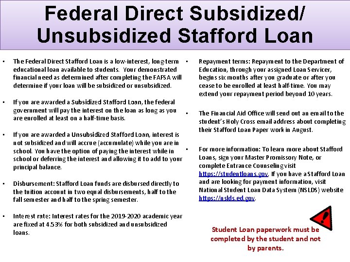 Federal Direct Subsidized/ Unsubsidized Stafford Loan • The Federal Direct Stafford Loan is a