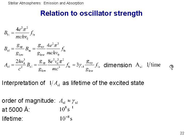 Stellar Atmospheres: Emission and Absorption Relation to oscillator strength dimension Interpretation of as lifetime