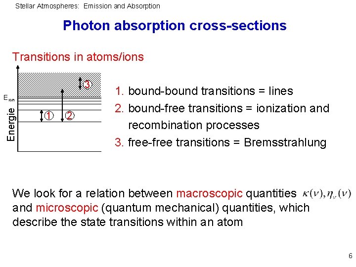 Stellar Atmospheres: Emission and Absorption Photon absorption cross-sections Transitions in atoms/ions 3 Energie Eion