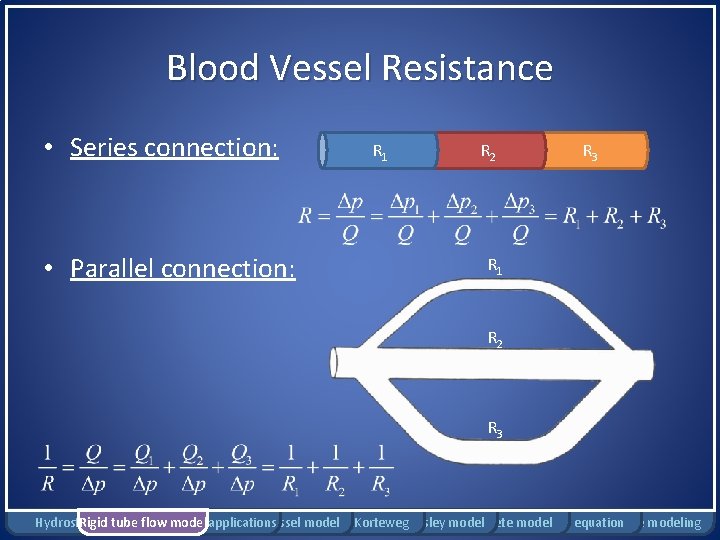 Blood Vessel Resistance • Series connection: • Parallel connection: R 1 R 2 R