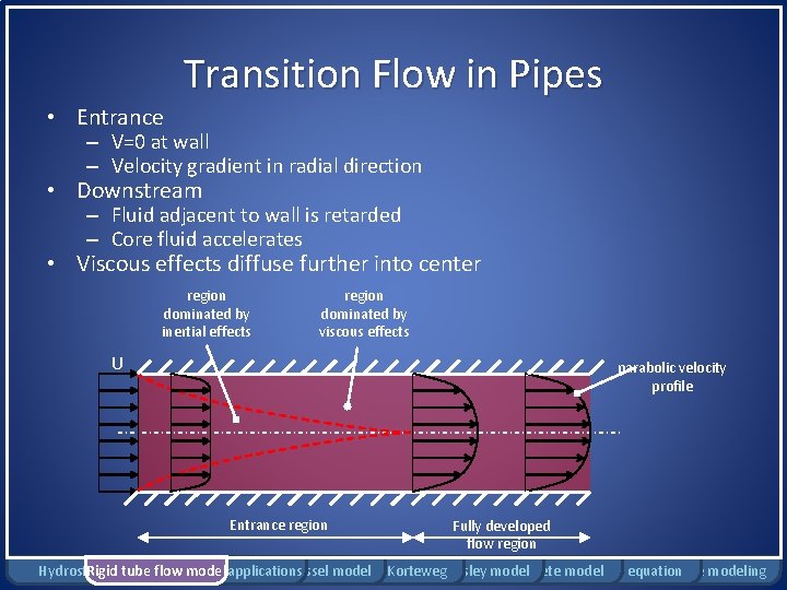 Transition Flow in Pipes • Entrance – V=0 at wall – Velocity gradient in