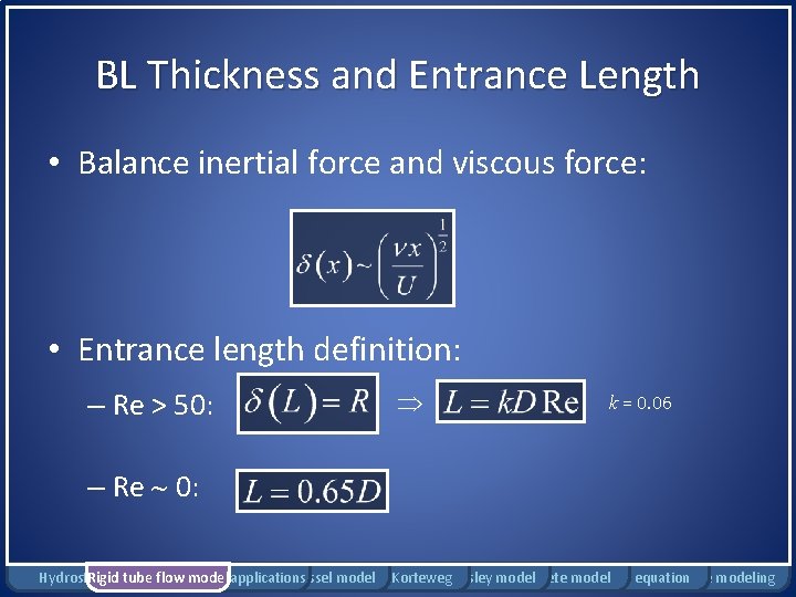 BL Thickness and Entrance Length • Balance inertial force and viscous force: • Entrance