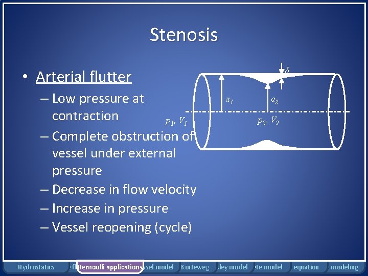 Stenosis δ • Arterial flutter – Low pressure at contraction p 1, V 1