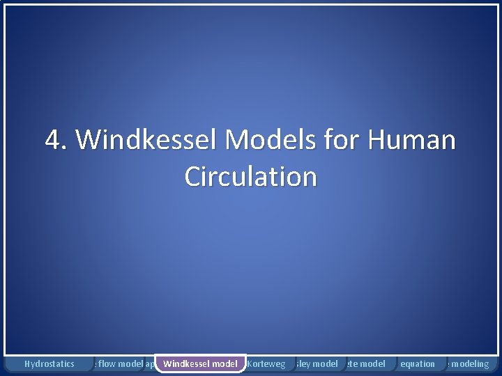 4. Windkessel Models for Human Circulation Hydrostatics Rigid tube flow Bernoulli model applications Windkessel