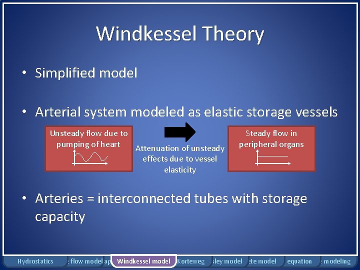 Windkessel Theory • Simplified model • Arterial system modeled as elastic storage vessels Unsteady