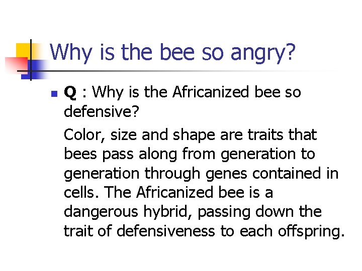 Why is the bee so angry? n Q : Why is the Africanized bee