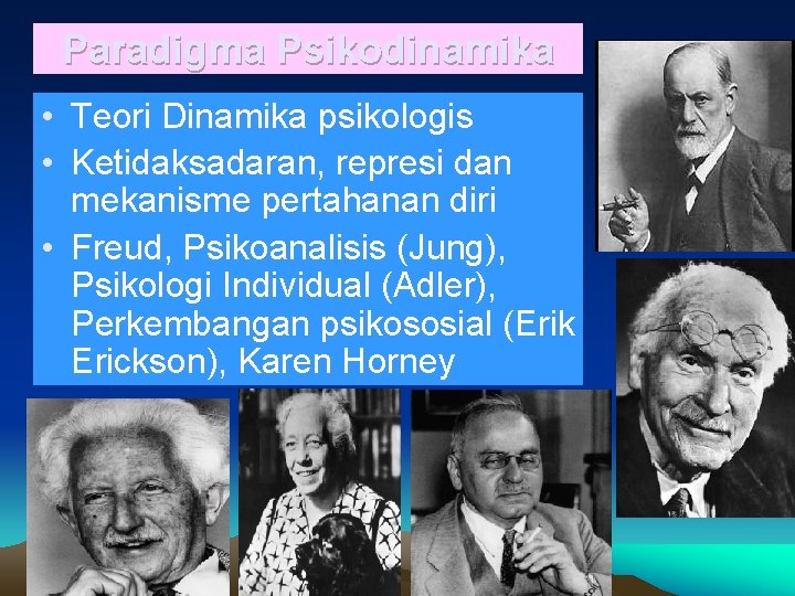 Paradigma Psikodinamika • Teori Dinamika psikologis • Ketidaksadaran, represi dan mekanisme pertahanan diri •