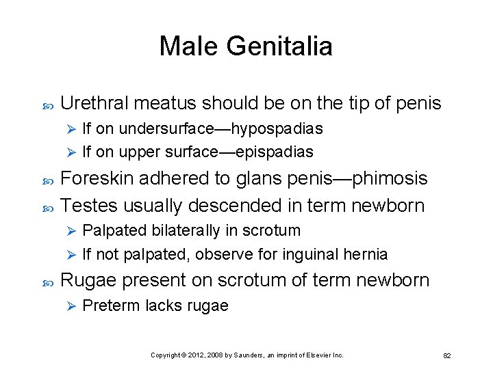 Male Genitalia Urethral meatus should be on the tip of penis If on undersurface—hypospadias