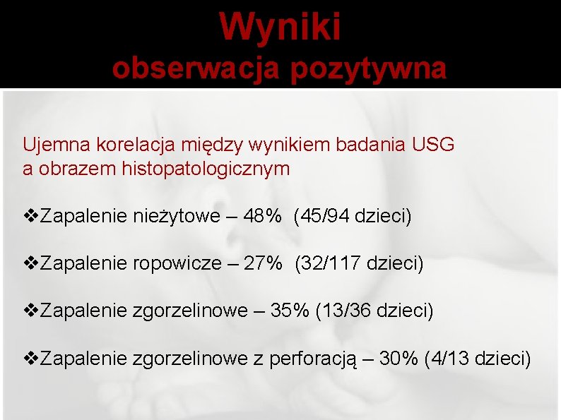 Wyniki obserwacja pozytywna Ujemna korelacja między wynikiem badania USG a obrazem histopatologicznym v. Zapalenie