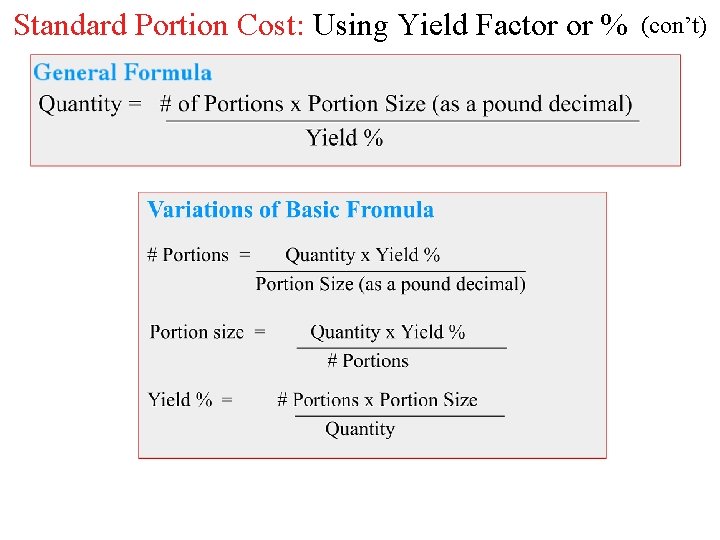Standard Portion Cost: Using Yield Factor or % (con’t) 