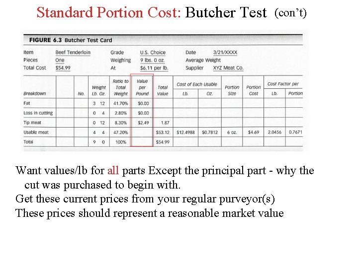 Standard Portion Cost: Butcher Test (con’t) Want values/lb for all parts Except the principal