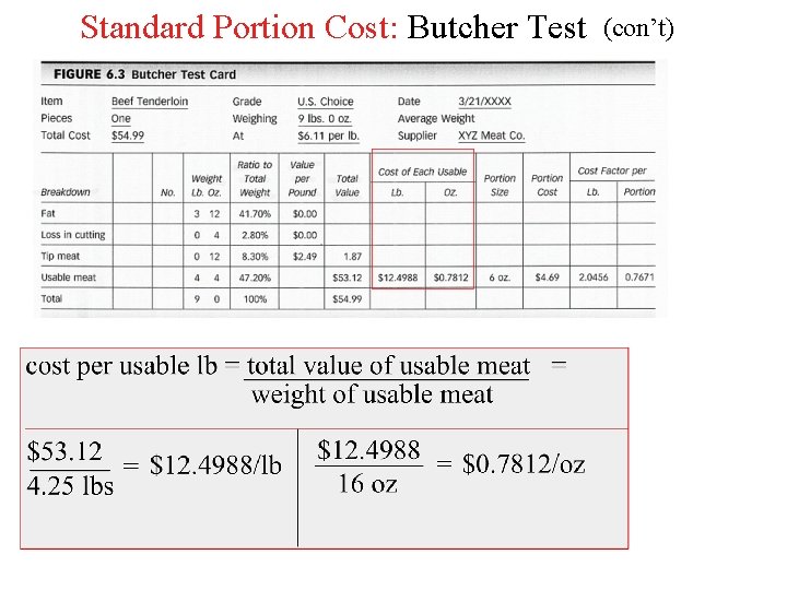 Standard Portion Cost: Butcher Test (con’t) 