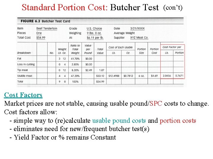 Standard Portion Cost: Butcher Test (con’t) Cost Factors Market prices are not stable, causing