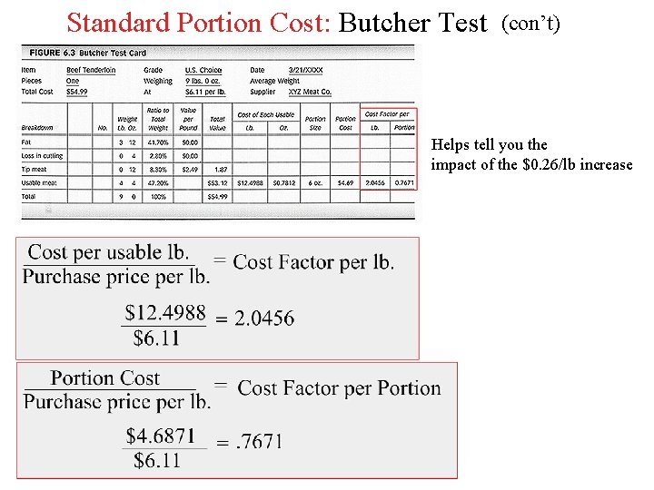 Standard Portion Cost: Butcher Test (con’t) Helps tell you the impact of the $0.