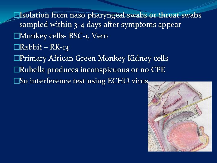 �Isolation from naso pharyngeal swabs or throat swabs sampled within 3 -4 days after