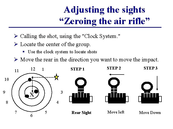 Adjusting the sights “Zeroing the air rifle” Ø Calling the shot, using the "Clock