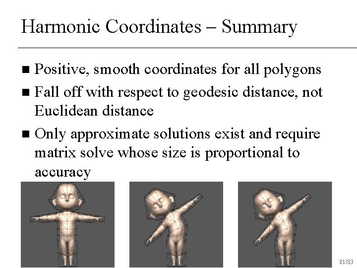 Harmonic Coordinates – Summary Positive, smooth coordinates for all polygons n Fall off with