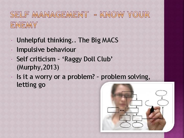  Unhelpful thinking. . The Big MACS Impulsive behaviour Self criticism – ‘Raggy Doll