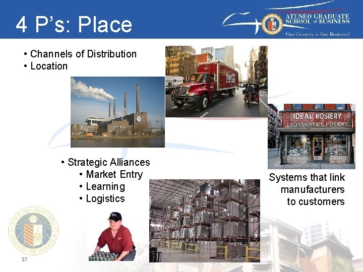 4 P’s: Place • Channels of Distribution • Location • Strategic Alliances • Market