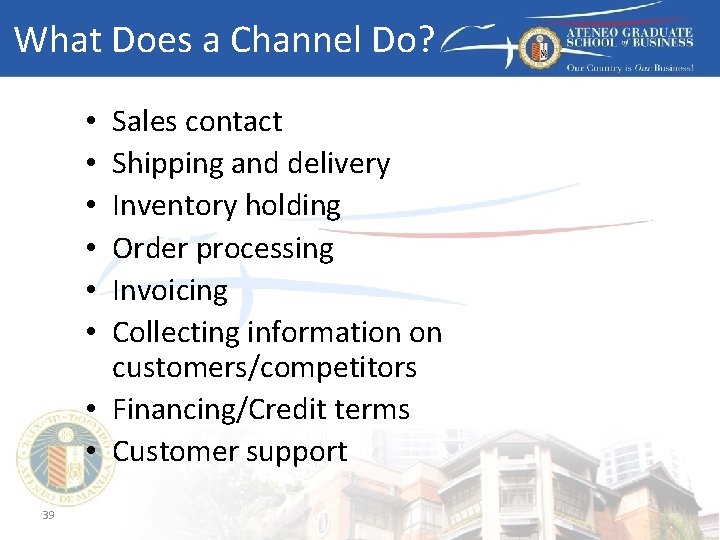 What Does a Channel Do? Sales contact Shipping and delivery Inventory holding Order processing