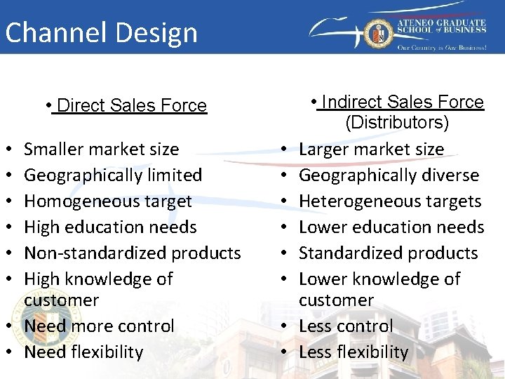 Channel Design • Indirect Sales Force • Direct Sales Force Smaller market size Geographically