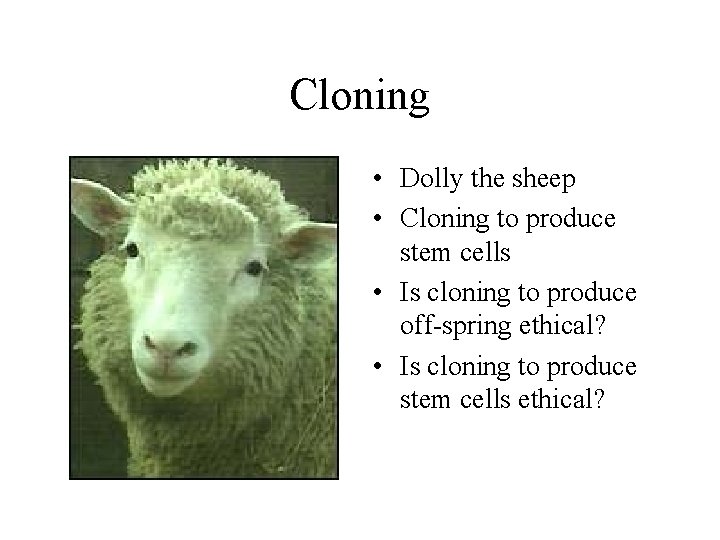 Cloning • Dolly the sheep • Cloning to produce stem cells • Is cloning