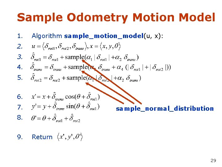 Sample Odometry Motion Model 1. Algorithm sample_motion_model(u, x): 2. 3. 4. 5. 6. 7.
