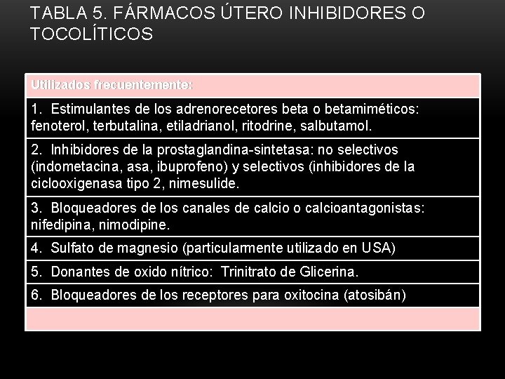 TABLA 5. FÁRMACOS ÚTERO INHIBIDORES O TOCOLÍTICOS Utilizados frecuentemente: 1. Estimulantes de los adrenorecetores