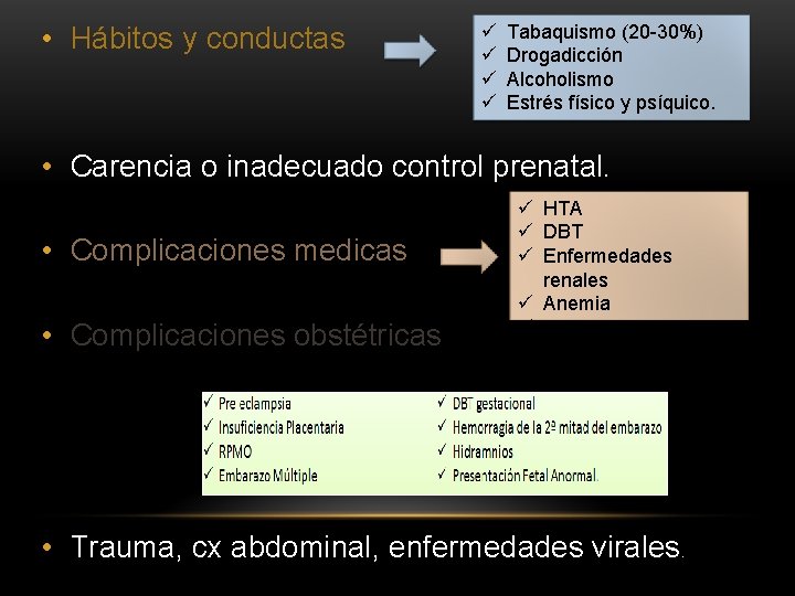  • Hábitos y conductas ü ü Tabaquismo (20 -30%) Drogadicción Alcoholismo Estrés físico