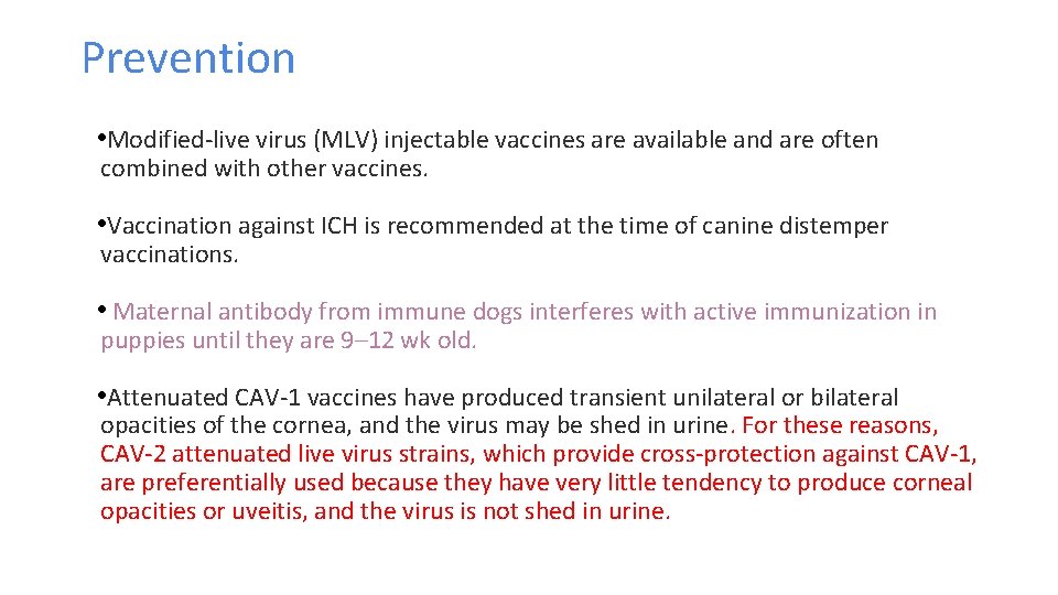 Prevention • Modified-live virus (MLV) injectable vaccines are available and are often combined with