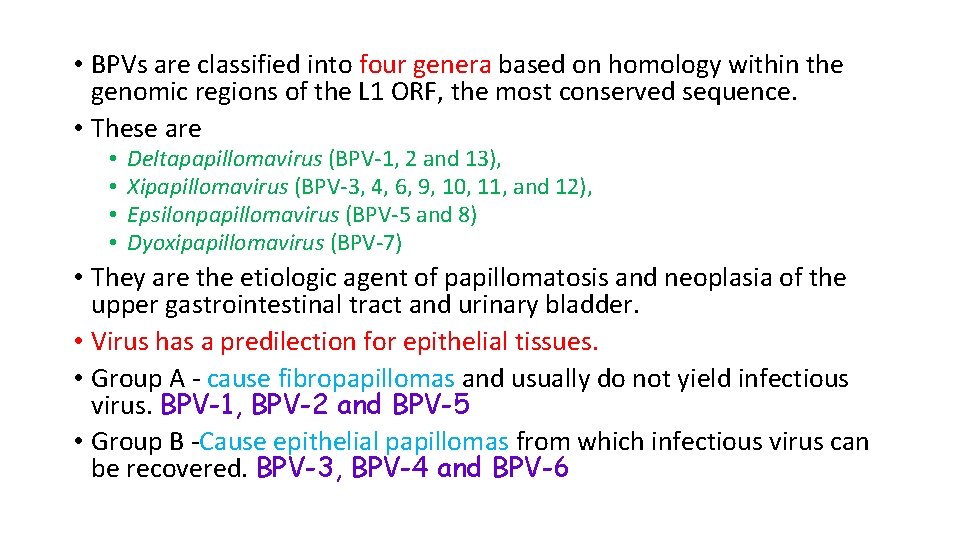  • BPVs are classified into four genera based on homology within the genomic