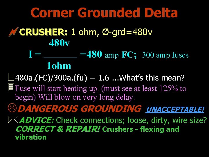 Corner Grounded Delta ~CRUSHER: 1 ohm, Ø-grd=480 v I= 480 v 1 ohm =480