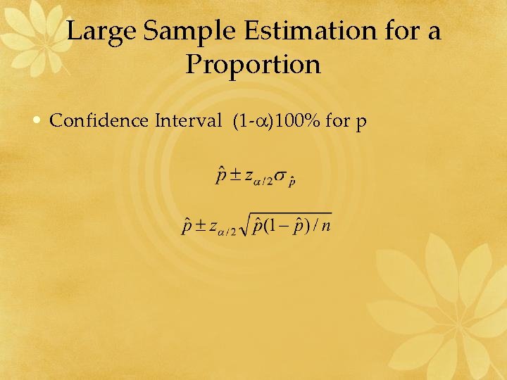 Large Sample Estimation for a Proportion • Confidence Interval (1 - )100% for p