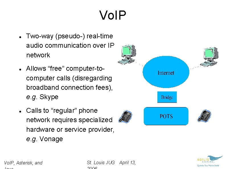 Vo. IP Two-way (pseudo-) real-time audio communication over IP network Allows “free” computer-tocomputer calls