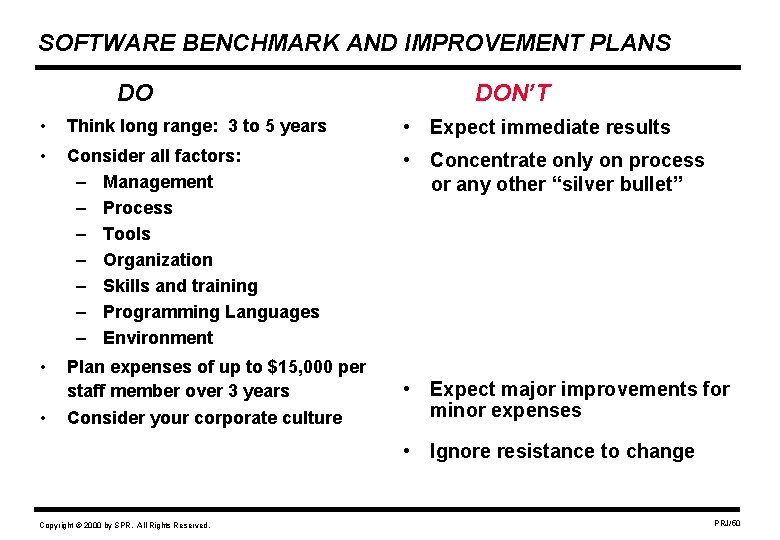 SOFTWARE BENCHMARK AND IMPROVEMENT PLANS DO DON’T • Think long range: 3 to 5