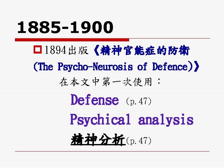 1885 -1900 p 1894出版《精神官能症的防衛 (The Psycho-Neurosis of Defence)》 在本文中第一次使用： Defense (p. 47) Psychical analysis