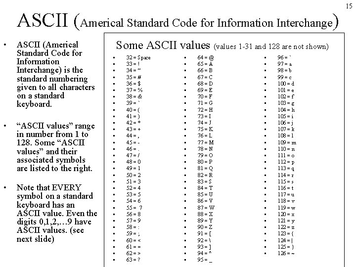 ASCII (Americal Standard Code for Information Interchange) • ASCII (Americal Standard Code for Information
