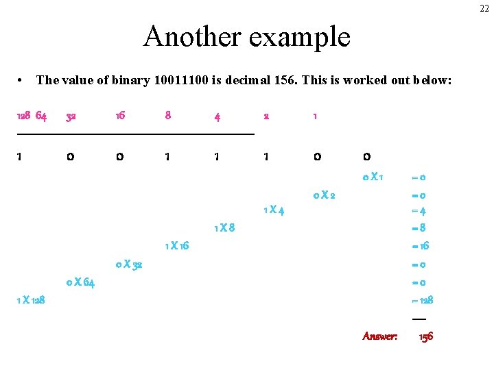 22 Another example • The value of binary 10011100 is decimal 156. This is