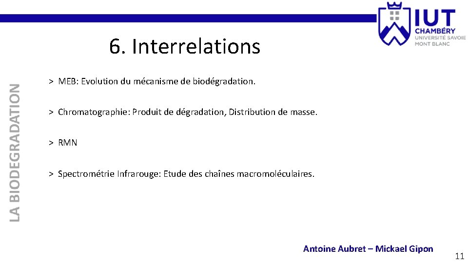 6. Interrelations > MEB: Evolution du mécanisme de biodégradation. > Chromatographie: Produit de dégradation,